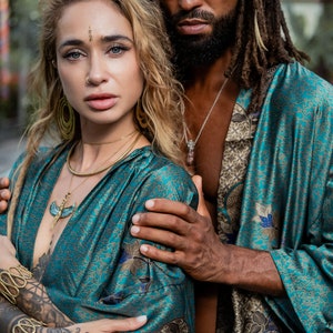 Green&Black set of 2 silk kimonos for couples ~ Pajamas set for men and woman ~ Silk bath robes set ~ Valentine's Day gift for him and her