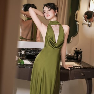 Drop Neck Silk Maxi Dress - Wedding Guest Dress - Open Back Long Dress - Cocktail Event Dress