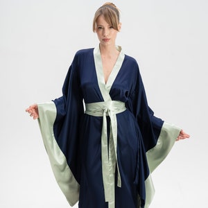 Kimono Dressing Gown, Kimono Robe, Silk Dressing Gown Satin Robe Silk Kimono Satin Kimono Long Robe Wide Sleeve Japanese Robe Navy Blue