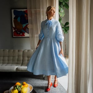 MOTHER Of THE BRIDE dress | Elegant Wedding Guest Dress, Sky Blue Linen Dresses, Womens Clothing, Spring Style,Jasmine Dress With 3/4 Sleeve