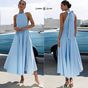 Blue Summer Midi Dress with Open Back | Voluminous Circle Skirt & Bow Tie Neck | Elegant Lightweight Dress for Warm Weather Occasions
